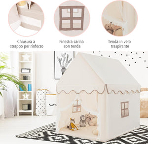 Tenda da Gioco per Bambini, Casetta per Bambini con Struttura in Solido Legno, Tappetino di Cotone, Tenda a Rete e Finestre, 105x120x140 cm (Beige)