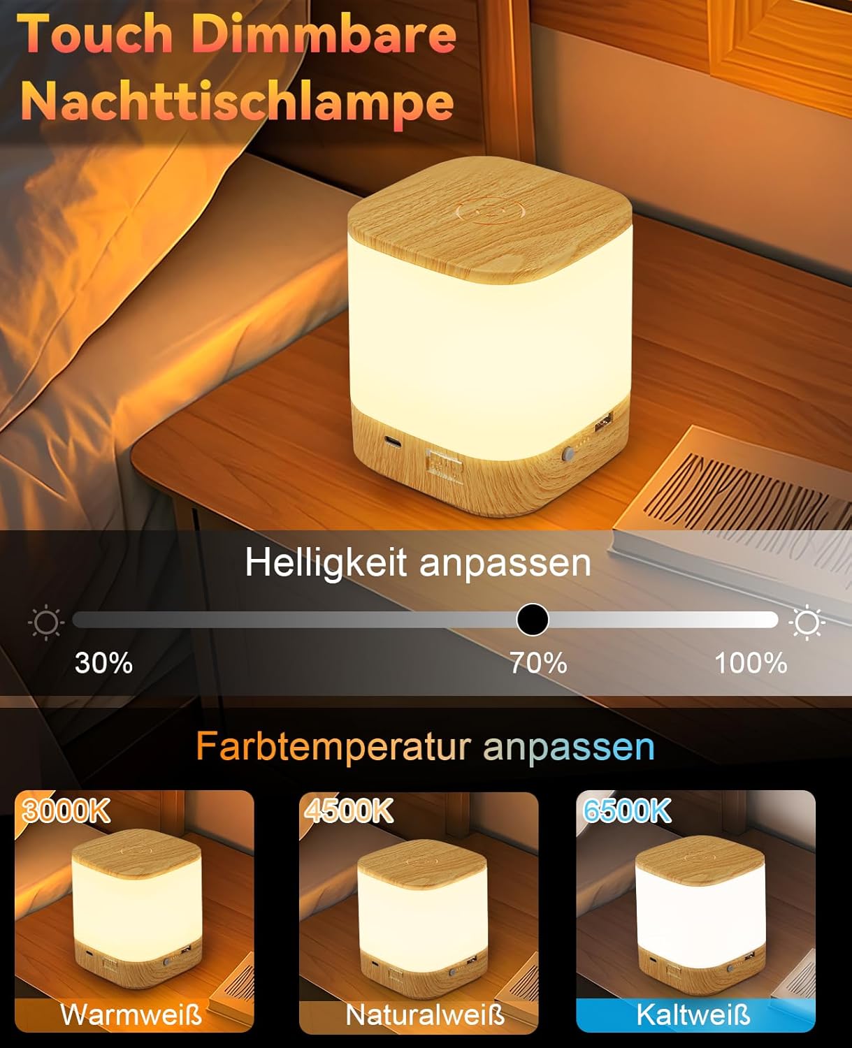 ZMH Lampada da tavolo LED effetto legno touch dimmerabile USB ricaricabile 3600mAh 3 temperature colore per camera letto
