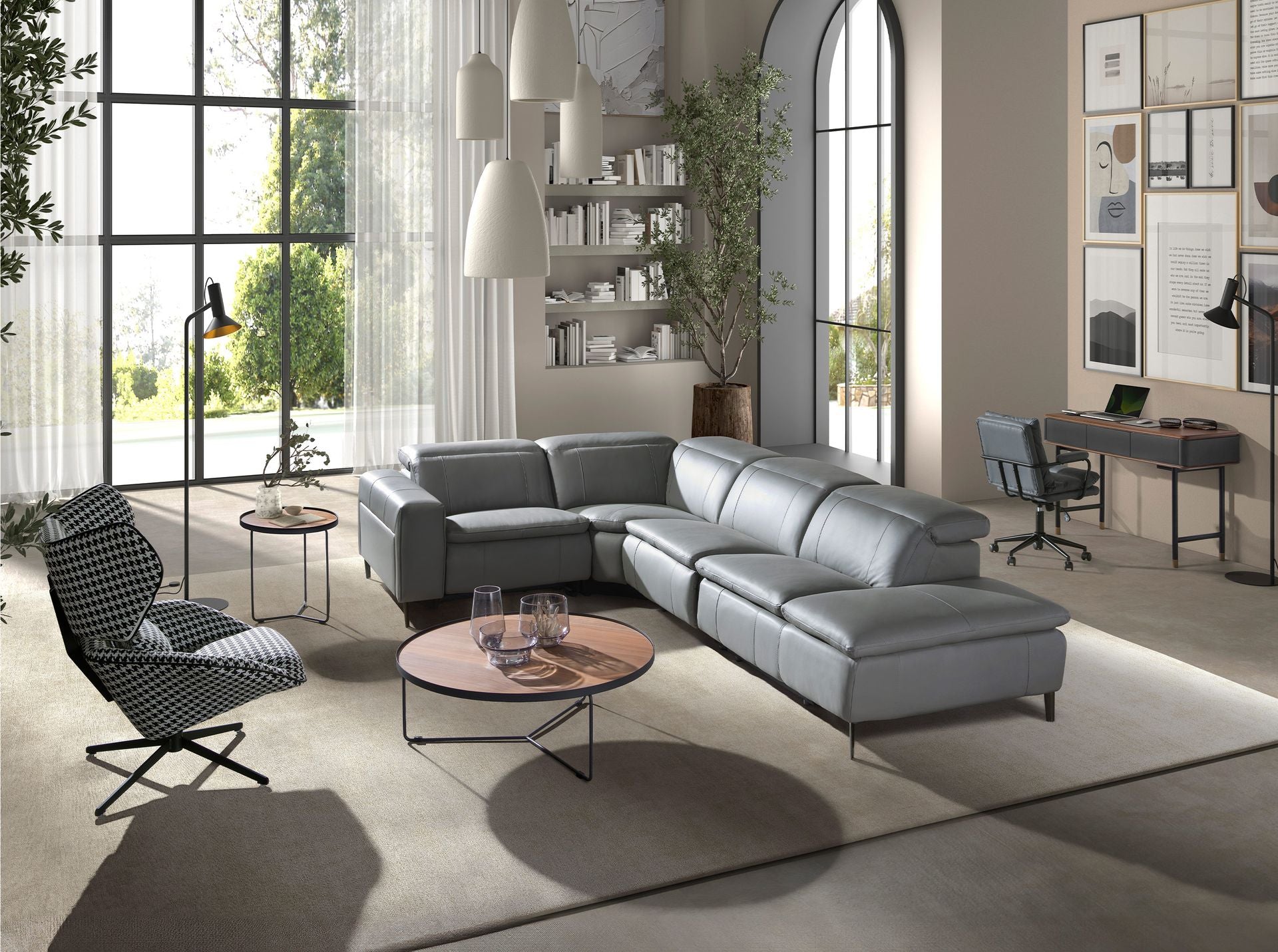 Console rettangolare in noce, legno grigio scuro opaco e acciaio nero