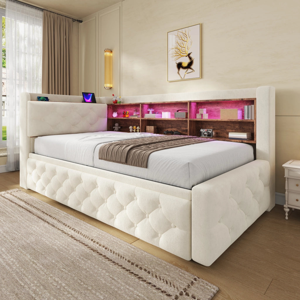 DIVANO LETTO Estraibile 90x190 cm Velluto Beige con USB e Type-C