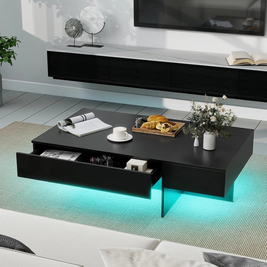 Tavolino da Salotto Moderno, Tavolino da Caffè con Luci LED Regolabili, 3 Cassetti e Telecomando, Tavolo Basso Rettangolare per Soggiorno, Studio e Ufficio, 120 x 70 x 35 cm (Nero)