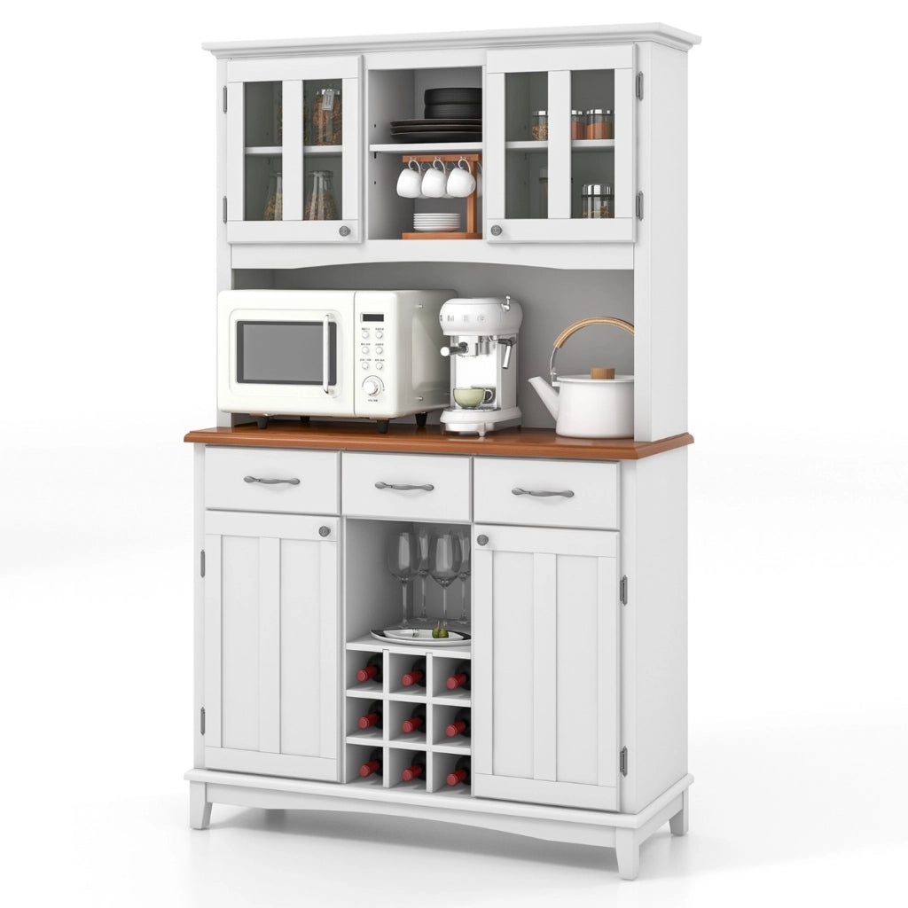 Credenza alta con ante in vetro temperato portabottiglie ripiani regolabili 3 cassetti-Mobile dispensa da cucina