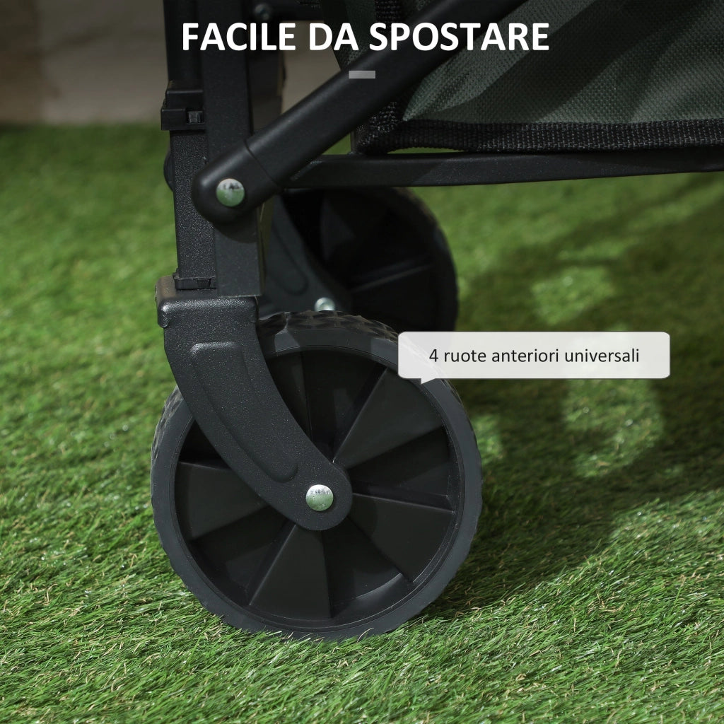 Carrello da Giardino 114x46x65-92 cm Capacità 72L Pieghevole con Pannello Apribile in Acciaio e Poliestere Verde