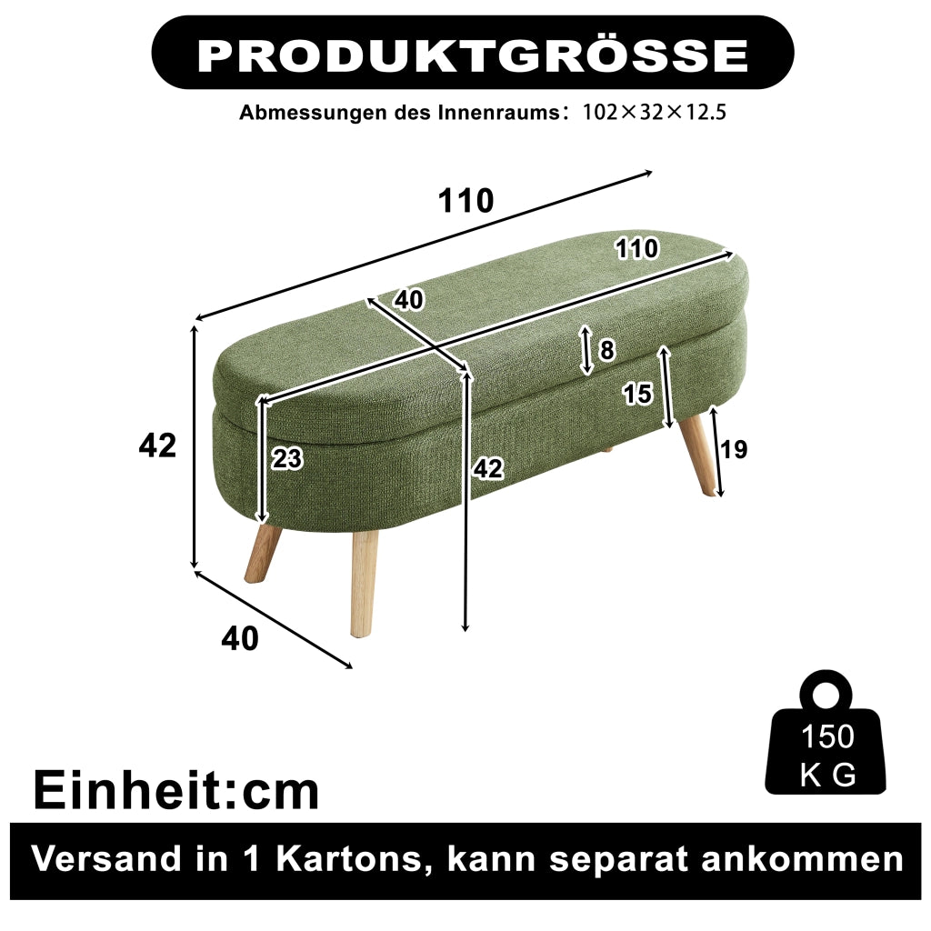 Panca contenitore imbottita con vano portaoggetti in chenille con fori di ventilazione verde 112 × 42 × 24,8 cm