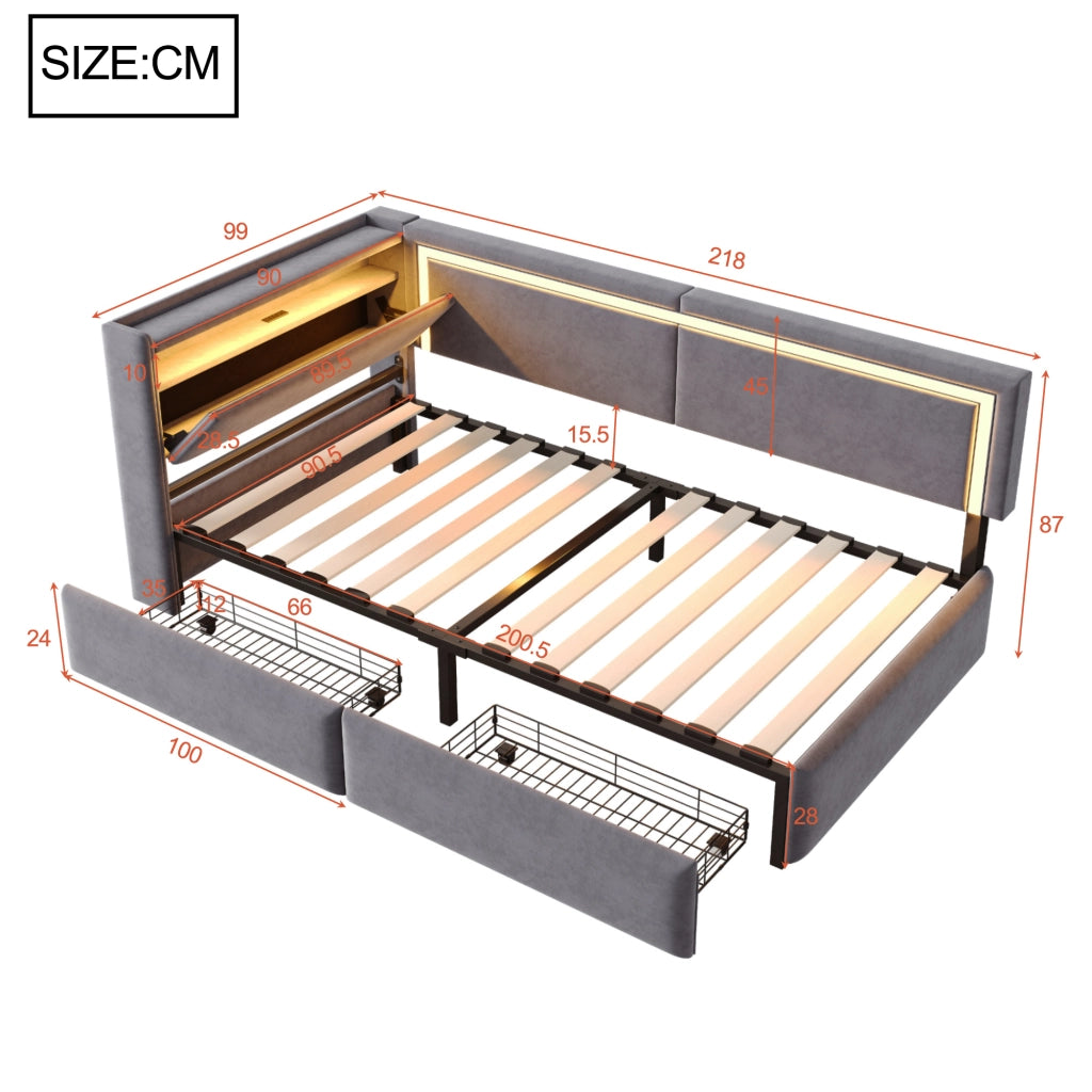 Letto contenitore singolo 90×200 cm con LED; USB; testiera con ripiani e cassetti; senza materasso; velluto; grigio