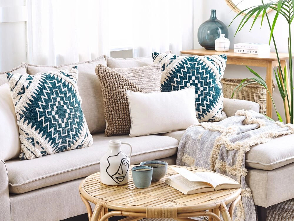 Set di 2 cuscini decorativi blu e beige cotone 50 x 50 cm motivo geometrico stampa boho decor accessori