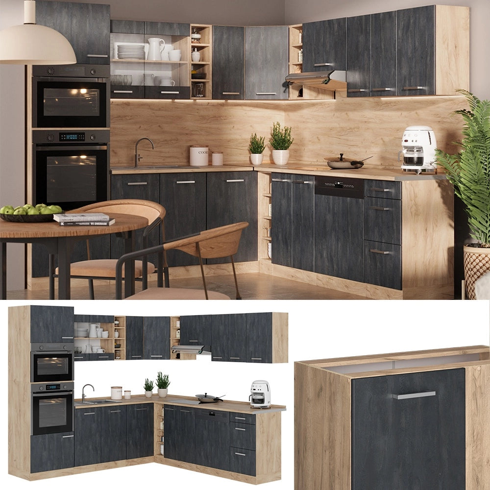 Cucina angolare completa R-Line Calce nera/Rovere dorato 247 x 237 cm PL Marmo Vicco