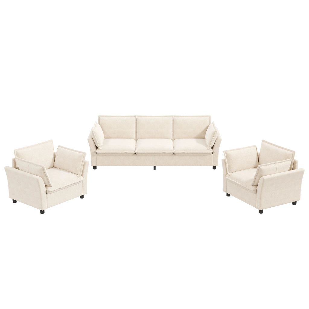 Divano modulare 3 posti con 2 poltrone e cuscini; in chenille beige