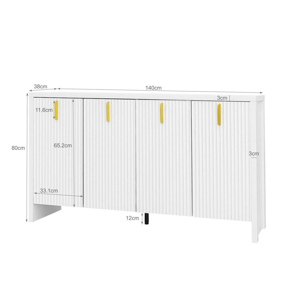 Sideboard bianco moderno con maniglie dorate e ripiani regolabili 140x80x38 cm