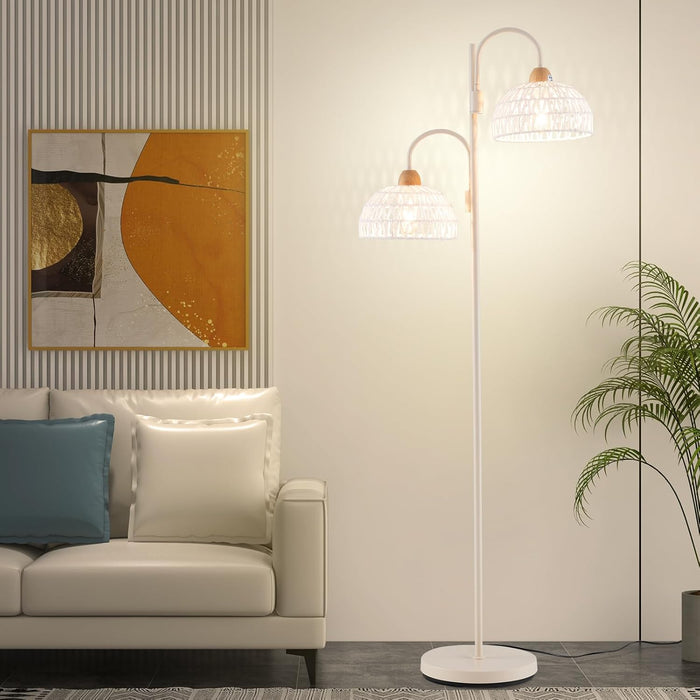 Lampada da Terra, Lampada Piantana da Terra Rotante a 350° con Interruttore a Pedale, Paralumi Intrecciati e 2 Supporti per Bulbi E27, Base Pesante e Stelo Metallico