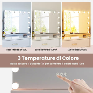Specchio per Trucco Illuminato, Specchio da Tavolo con 14 Luci LED e Specchio con Ingrandimento 5X, Specchio da Toeletta con 3 Colori e Luminosità Regolabile, 50x43 cm