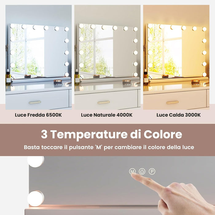 Specchio per Trucco Illuminato, Specchio da Tavolo con 14 Luci LED e Specchio con Ingrandimento 5X, Specchio da Toeletta con 3 Colori e Luminosità Regolabile, 50x43 cm