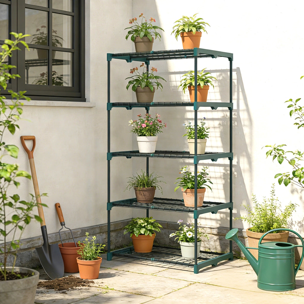 Portapiante a 5 Livelli Aperti 67x49x138 cm in Acciaio e Plastica Verde Scuro