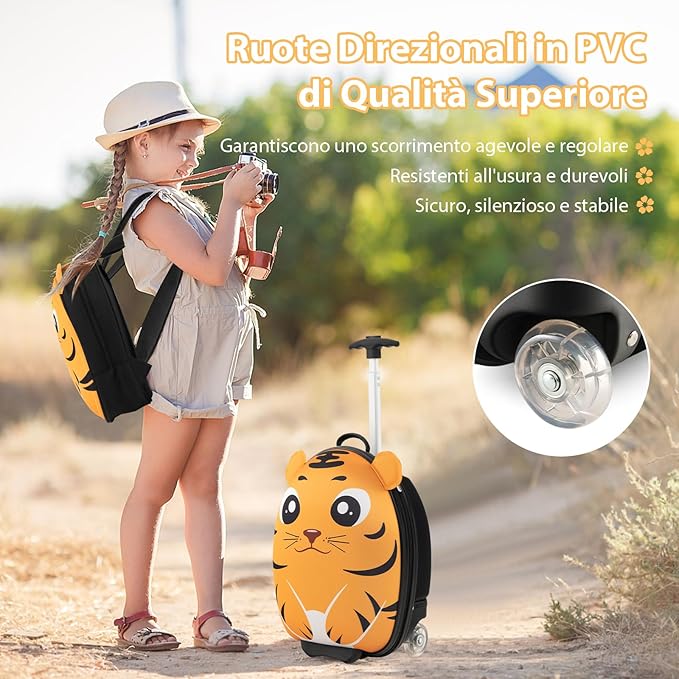 Set di Valigia per Bambini, Valigia+ Zaino, 2 Pezzi, con Ruote Girevoli a 360° e Maniglia Retrattile, Ideale per Viaggiare in Modo Comodo e Divertente (Modello 18)