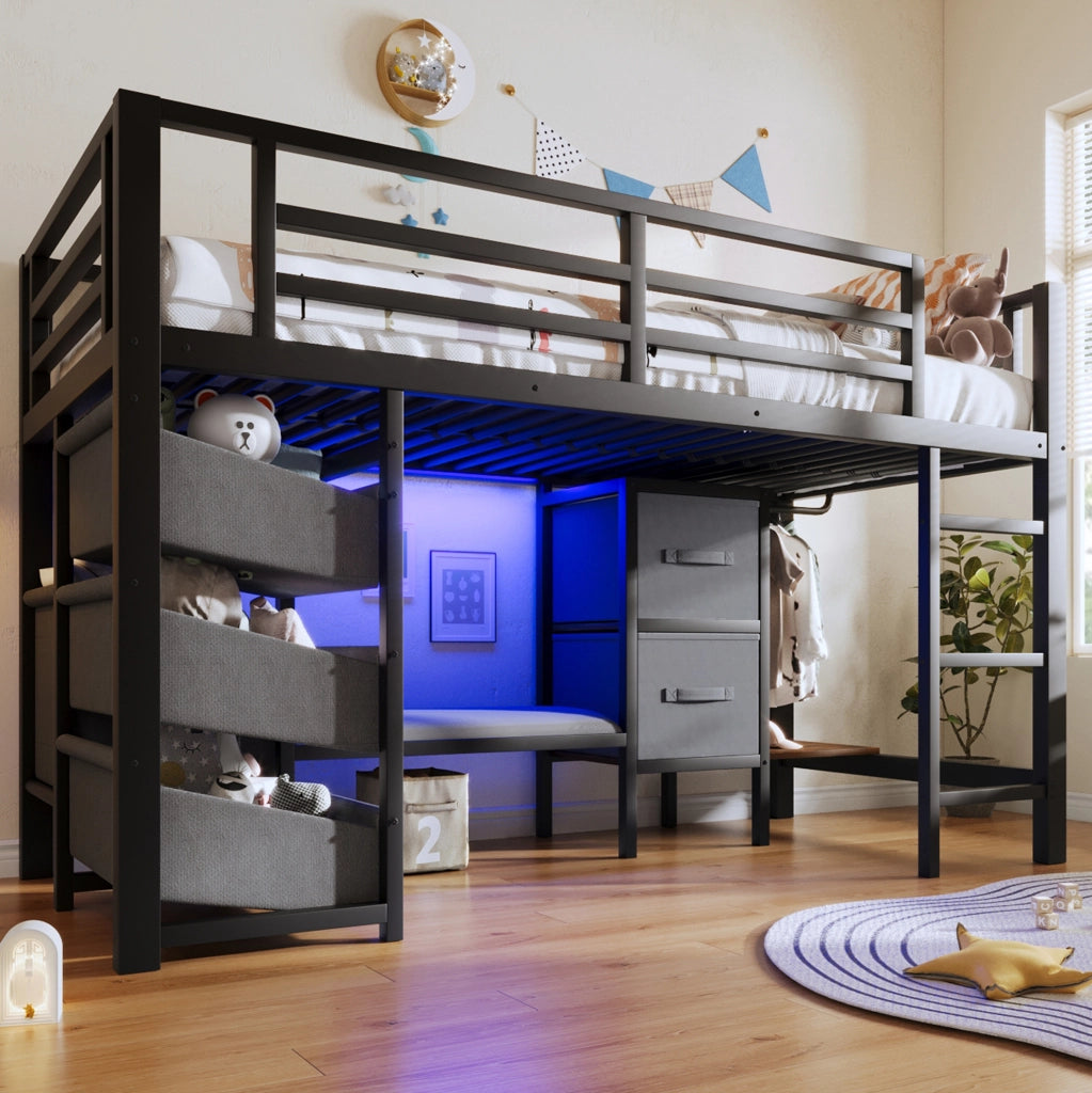 Letto rialzato 90 x 200 cm in metallo nero con LED, cuscino e contenimento