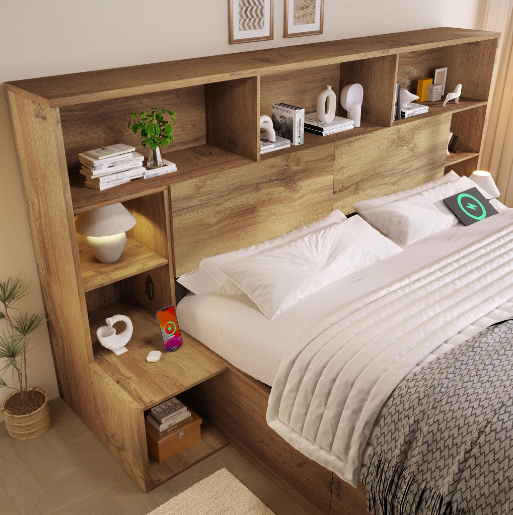 Letto matrimoniale contenitore 160x200 cm in effetto rovere; con LED; USB e materasso