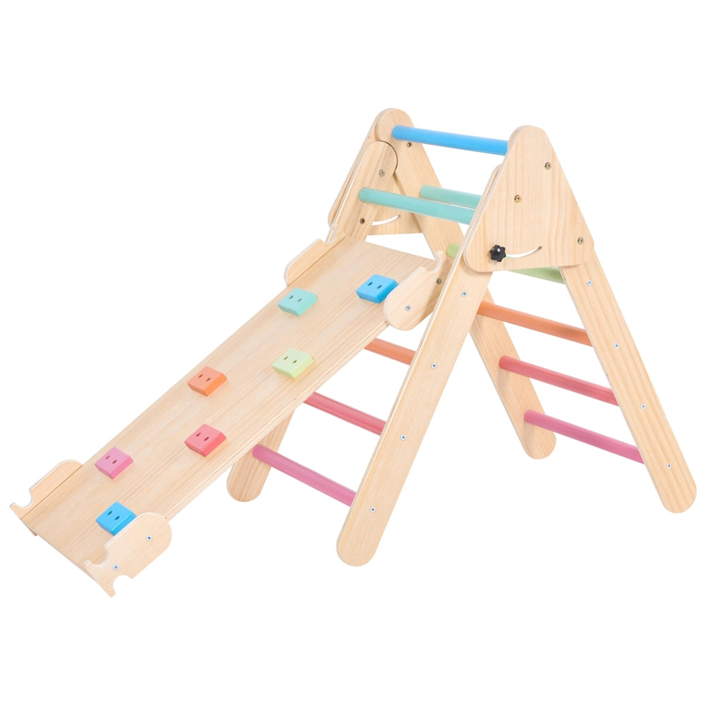 Set triangolo Pikler 3 in 1 in legno di pino marrone chiaro con arco da arrampicata e rampa per cameretta