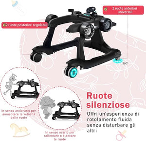 Girello per Bambini 4 in 1, Girello Pieghevole con Altezza e Velocità Regolabili, Carillon con Luci, Volante e Sedile, Primi Passi per Bambini 6-18 Mesi, Portata 15 kg (Nero)