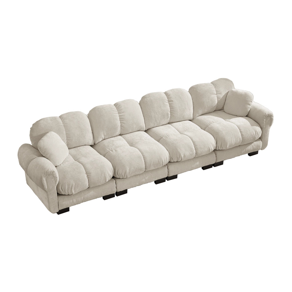 Divano modulare 4 posti con seduta imbottita schienale curvo e cuscino lombare in chenille beige chiaro