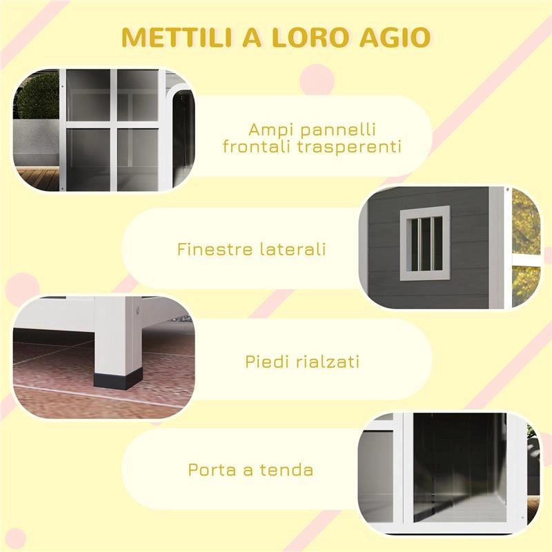 CASETTA PER CANI CON FINESTRELLE E INGRESSO A TENDA IN LEGNO DI ABETE 90X62X71 CM GRIGIO CHIARO