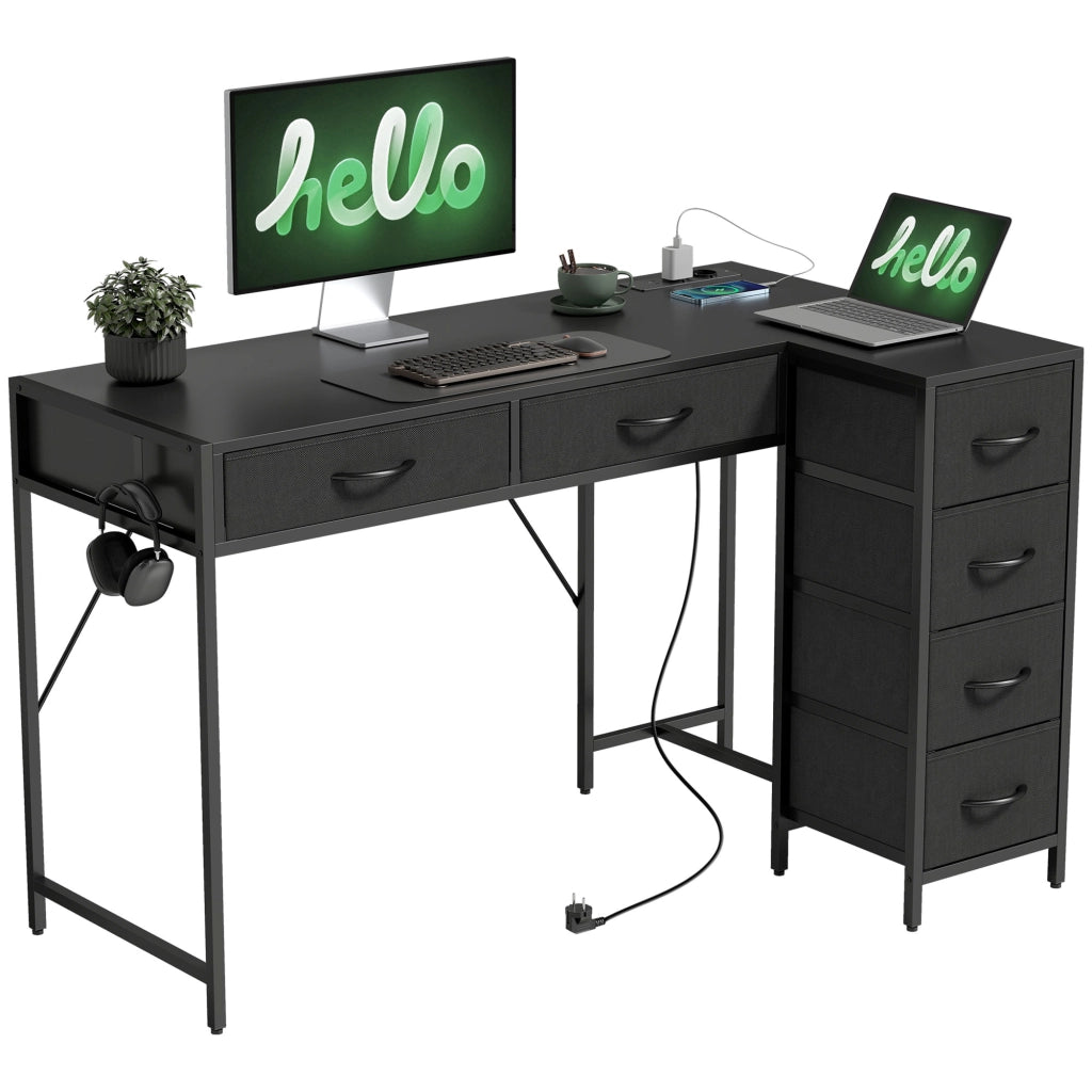 Scrivania Angolare con 6 Cassetti ¨C Zephmum ¨C Legno e Acciaio, Nero, 126x48x80 cm