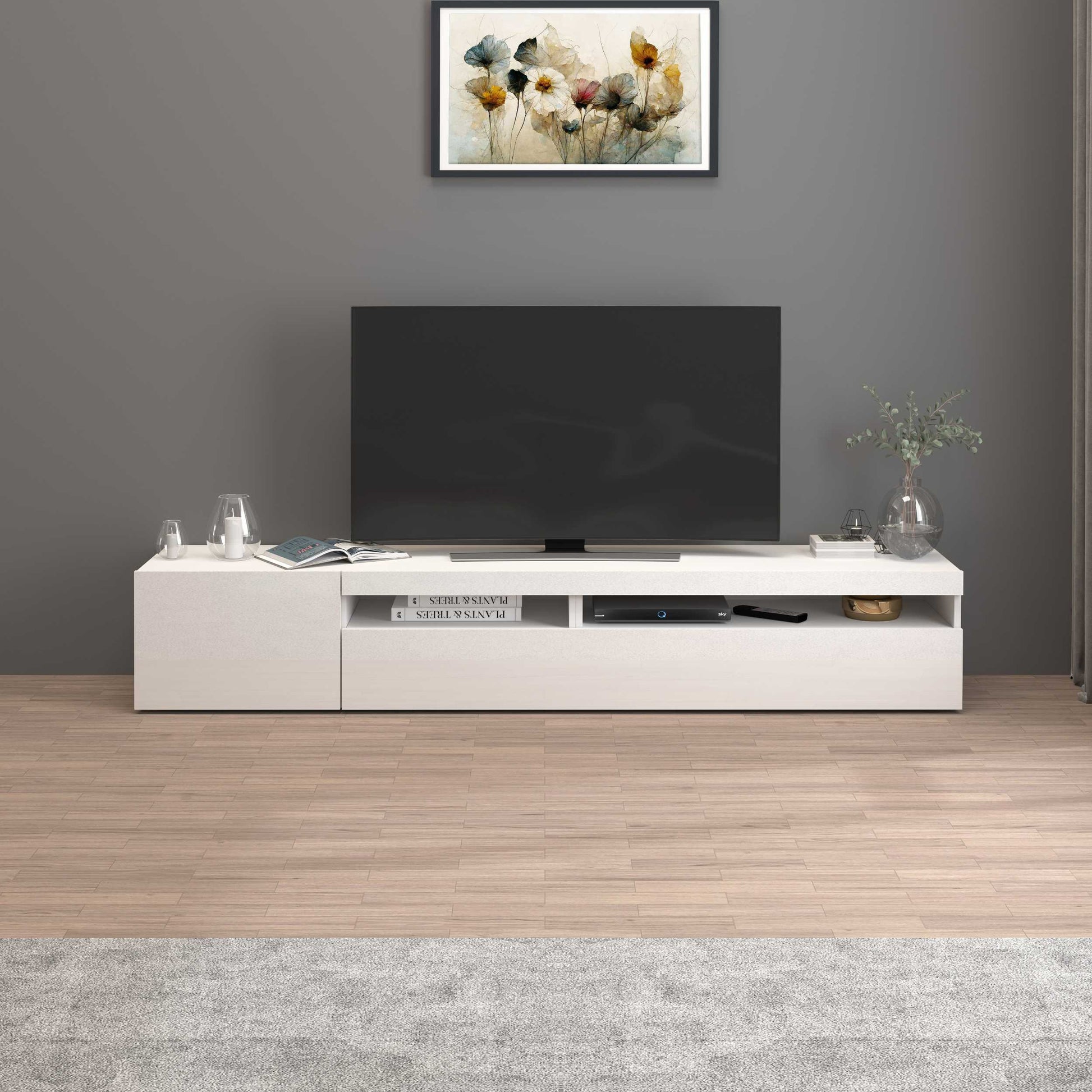 Mobile porta tv Potenza con 2 ante e 2 vani bianco lucido 200x40x36 cm