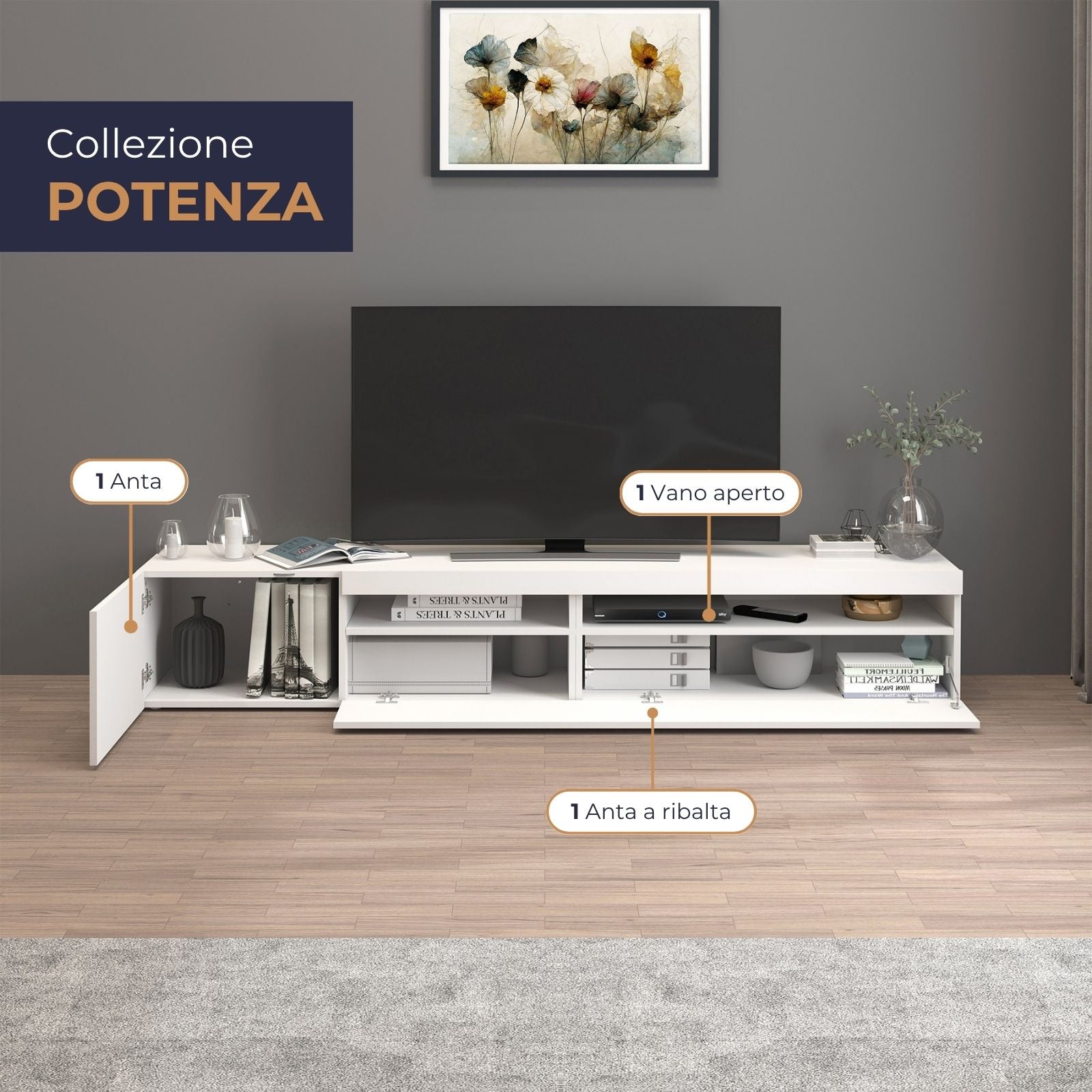 Mobile porta tv Potenza con 2 ante e 2 vani bianco lucido 200x40x36 cm
