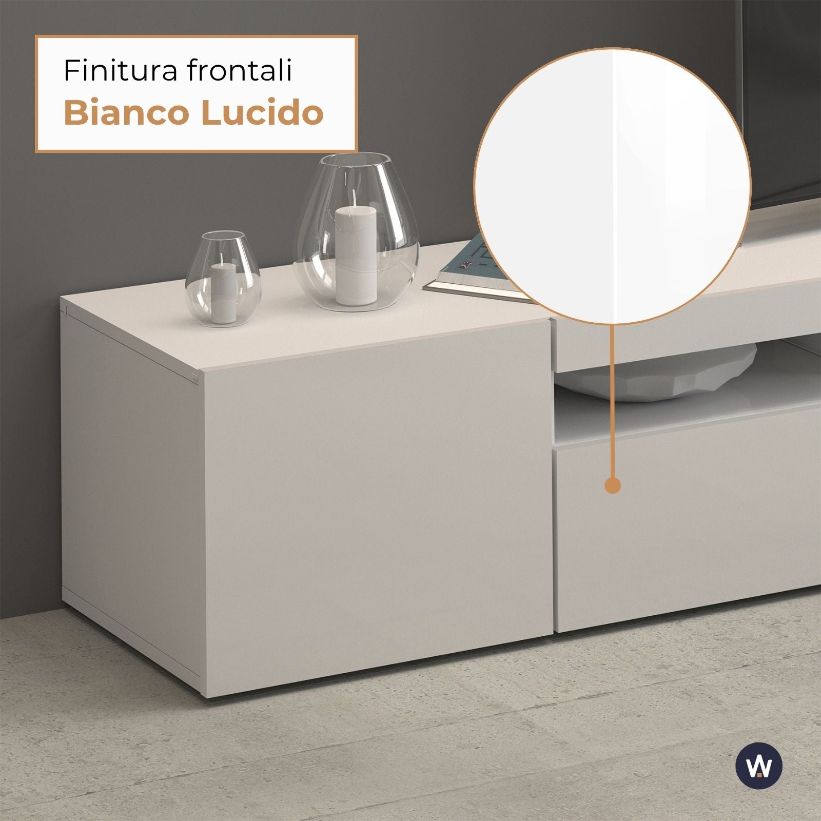 Mobile porta tv Potenza con 2 ante e 2 vani bianco lucido 200x40x36 cm