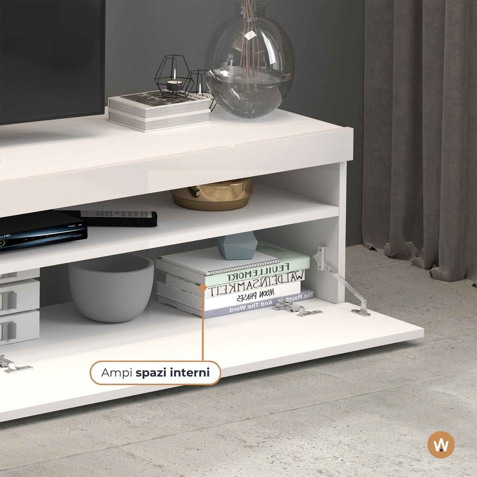Mobile porta tv Potenza con 2 ante e 2 vani bianco lucido 200x40x36 cm