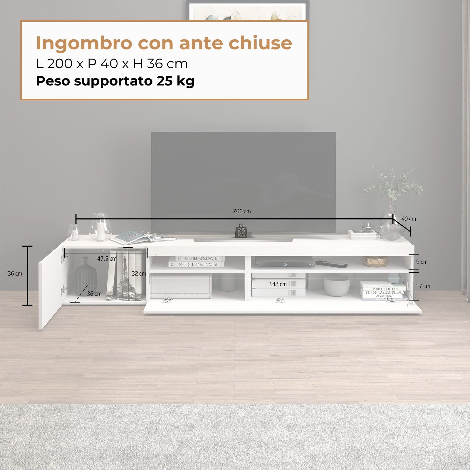 Mobile porta tv Potenza con 2 ante e 2 vani bianco lucido 200x40x36 cm