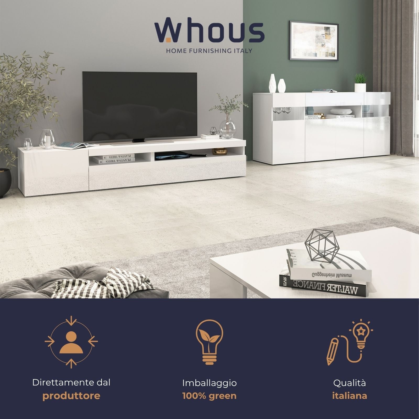 Mobile porta tv Potenza con 2 ante e 2 vani bianco lucido 200x40x36 cm