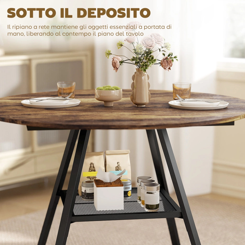 Tavolo da pranzo 4 posti, 100 cm rotondo, cucina industriale, ripiano portaoggetti, marrone rustico.