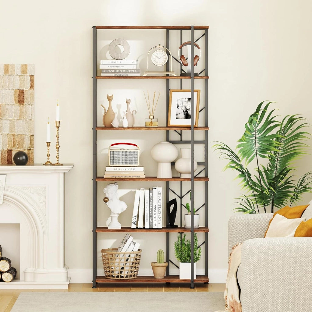 Libreria a 6 Ripiani, Libreria Geometrica Moderna con Telaio in Metallo, Scaffale da Terra con 2 Kit Antiribaltamento per Soggiorno Camera da Letto Studio, 80x31x180 cm (Marrone)