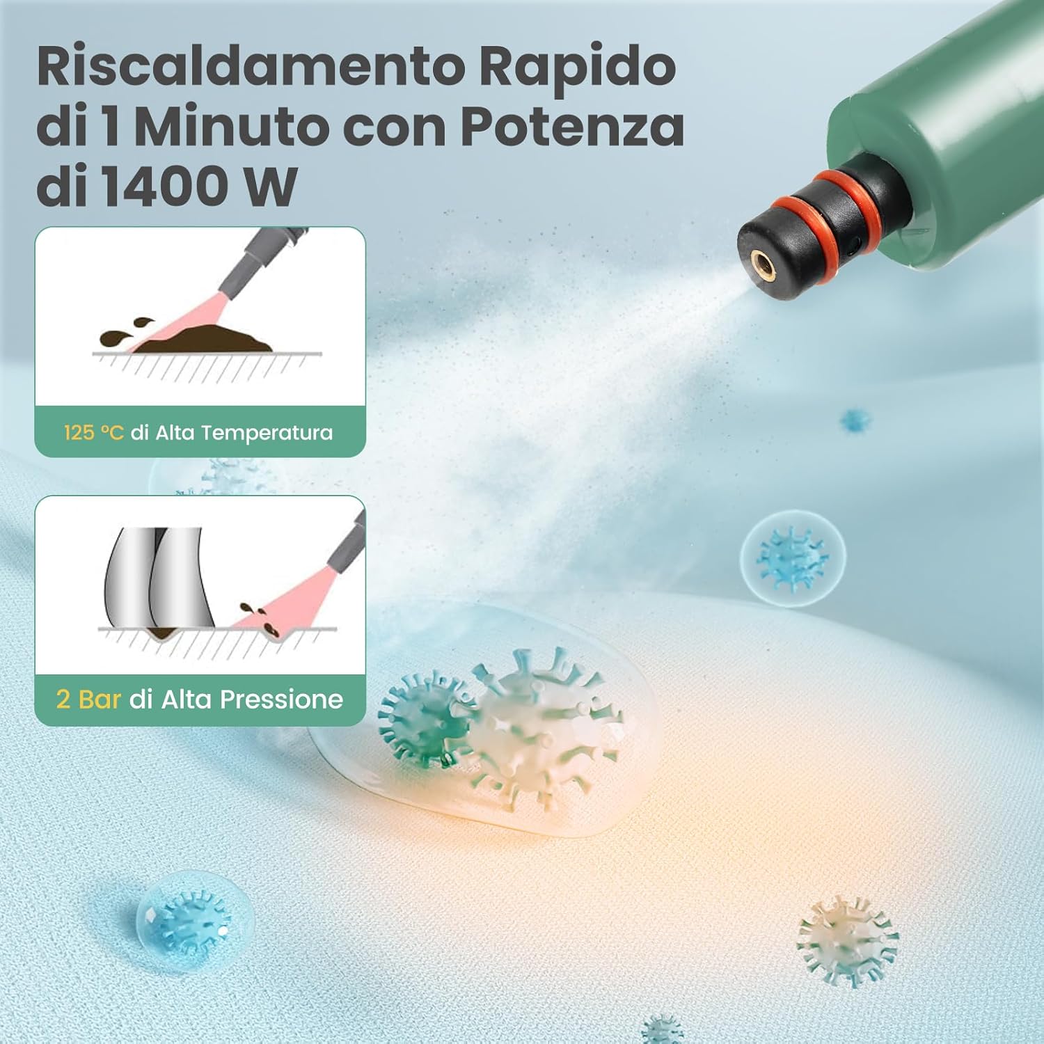 1500W Pulitore a Vapore Portatile, Macchina a Vapore con Serbatoio d'Acqua da 400 ml Blocco per Bambini e Kit di Accessori da 14 Pezzi, 33x13x24,5 cm (Verde)