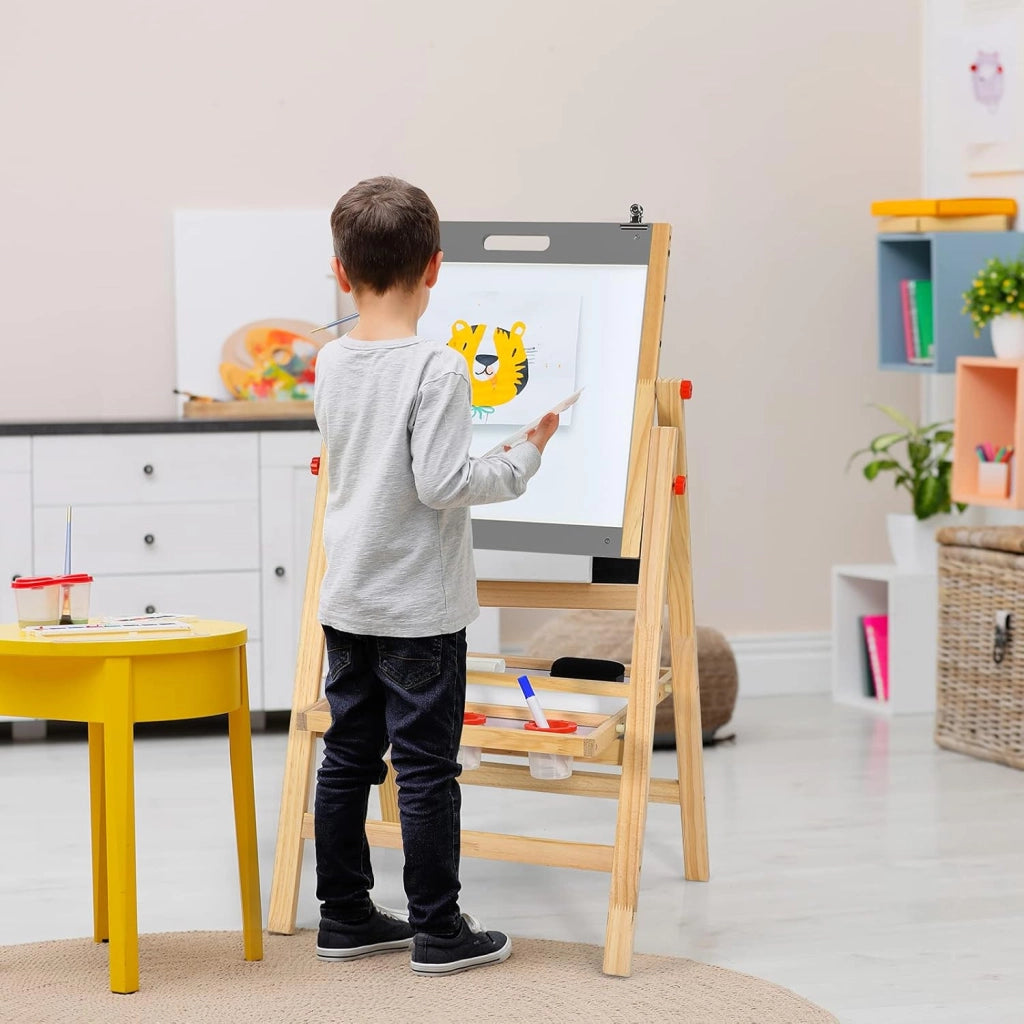 Cavalletto 3 in 1 Pieghevole per Bambini, Cavalletto Artistico di Legno con Altezza Regolabile, con Doppia Lavagna e Vassoio (Grigio)