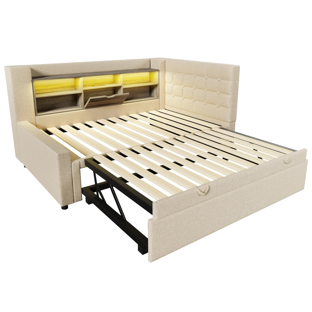 DESMIU Letto estraibile 90 × 200 cm 1 posto con LED, USB e Type-C, senza materasso, beige