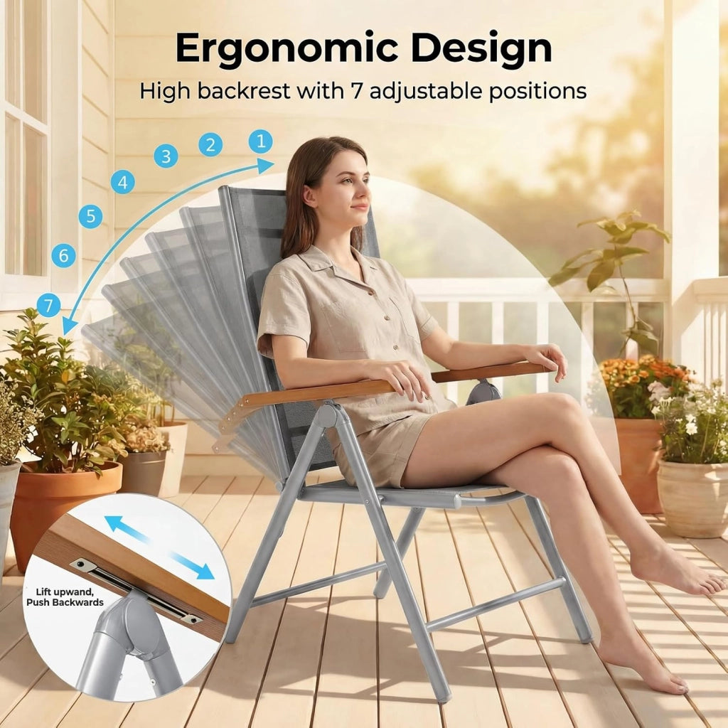 Set di 3 Mobili da Giardino in Alluminio, Tavolo Rettangolare 110x70cm+2 Sedie Pieghevoli Regolabili, Resistente alle Intemperie, Arredamento per Terrazza, Balcone, Marrone Teak+Grigio Chiaro