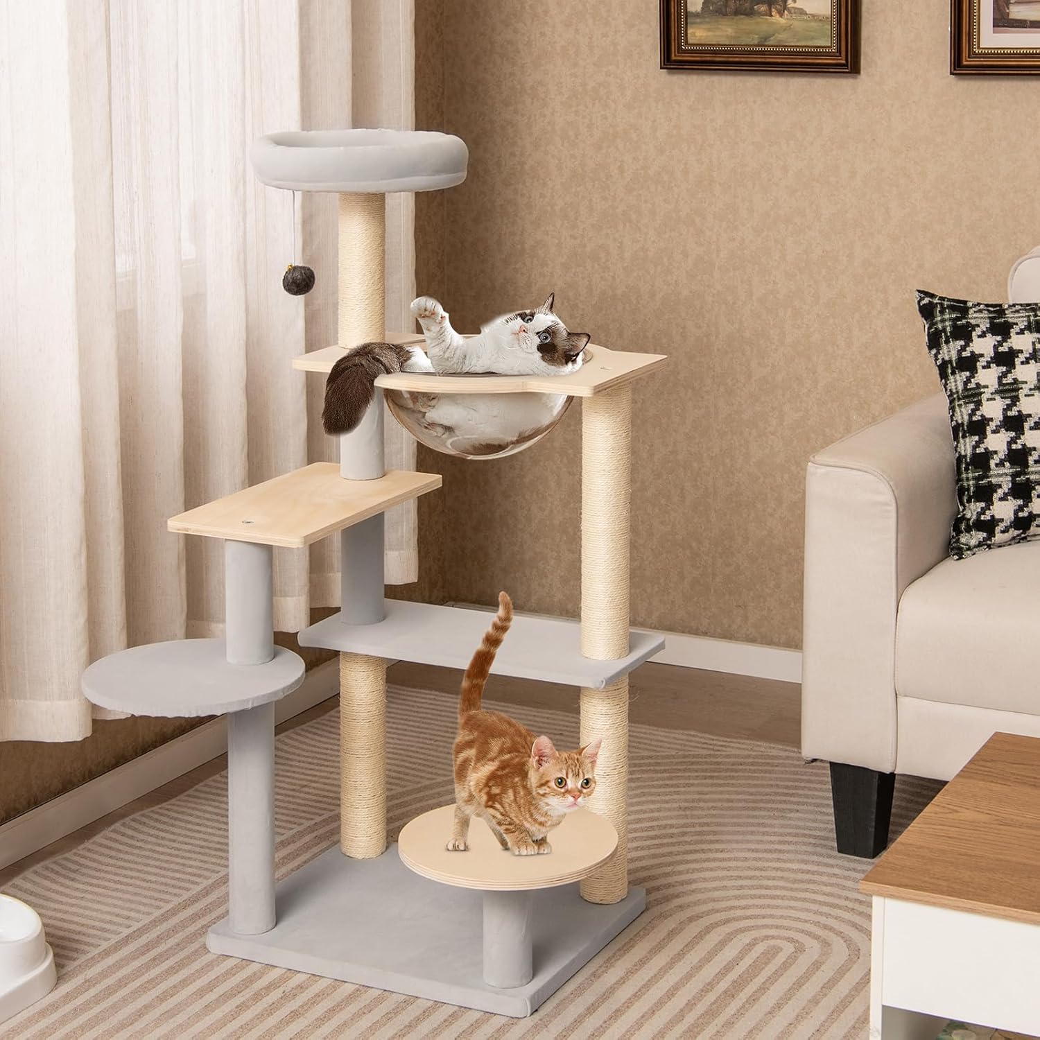 Tiragraffi per Gatto Alto 113 cm con Capsula Spaziale, Albero Tiragraffi Gatti con 4 Pali in Sisal, Piattaforme, Trespolo e Pompon, Torre Gatto in Legno Solido, Naturale e Grigio