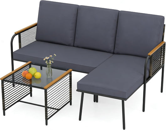 Set di 3 mobili da giardino in Pplyrattan per 3 persone, con tavolino e cuscino, per giardino, balcone e terrazza, colore: nero