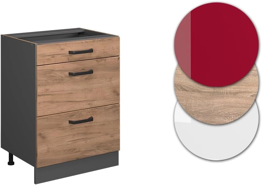 Mobiletto base per cucina R-Line, Quercia dorata, 60 cm con cassetti, senza piano di lavoro, per la libera combinazione all'interno di sistemi cucina modulari