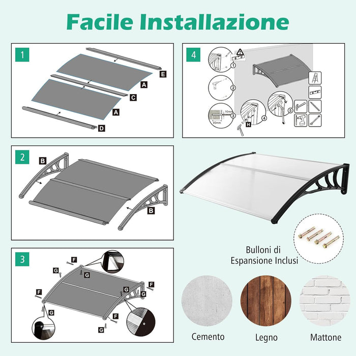 Tettoia per Porta Finestra, Pensilina Tettoia per Porta in Policarbonato, per Protezione da Sole, Pioggia, Neve, per Balcone, Finestre e Porte (Nero, 122 x 99 x 28cm)