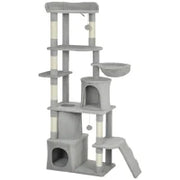 Albero Tiragraffi per Gatti con 2 Casette, Amaca, Tunnel, e Lettino, Pali in Sisal, 60x40x170 cm, Grigio