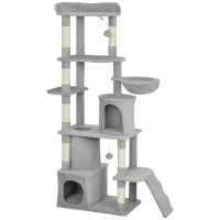 Albero Tiragraffi per Gatti con 2 Casette, Amaca, Tunnel, e Lettino, Pali in Sisal, 60x40x170 cm, Grigio