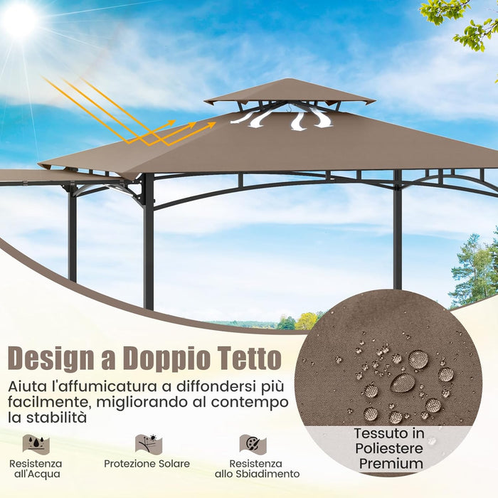 Gazebo per Barbecue, Pergola per BBQ con Tendalino Laterale, Tetto a 2 Livelli, 2 Ripiani Laterali, Ganci Appesi, Apribottiglie, per Giardino e Cortile, 318 x 153 x 250 cm (Marrone)