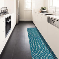 Tappeto Casa Cucina Rombi 3D 50X290 Cm Bordato Moderno Assorbente Antiscivolo Blu