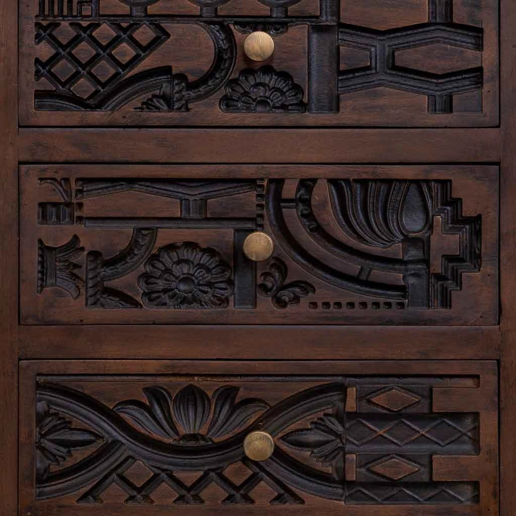 Cassettiera in legno marrone intagliato a mano, 45x40x100h cm