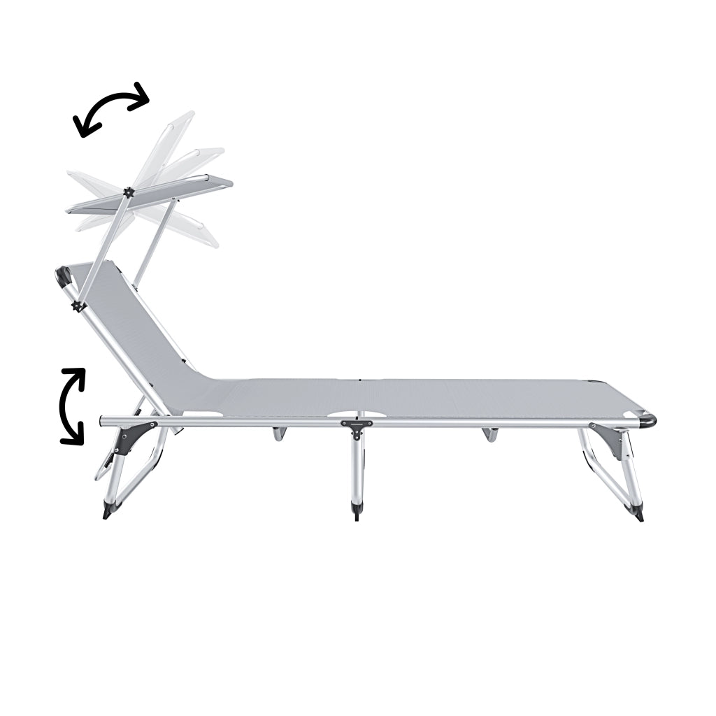 Lettino Pieghevole Prendisole Con Tettuccio Parasole Schienale Reclinabile Regolabile in 6 Posizioni Struttura In Alluminio Sedia Sdraio Per Spiaggia Mare Giardino Piscina 187 x 59 x 29 Cm (Grigio)