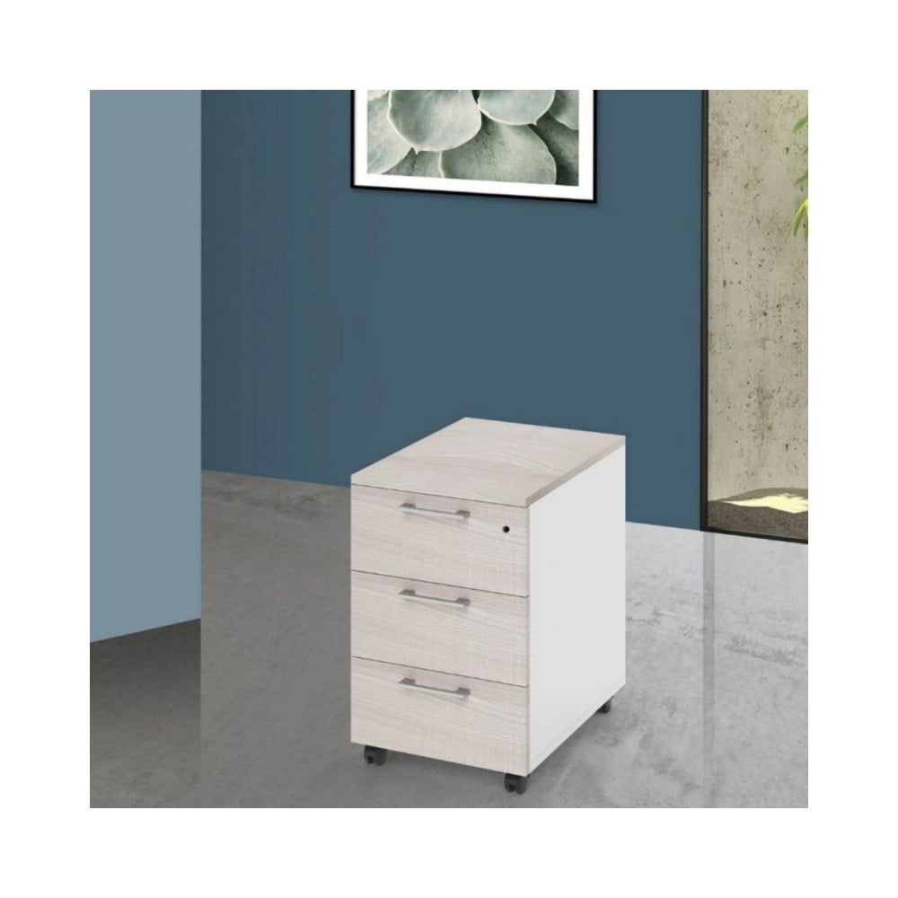 Cassettiera da ufficio 3 cassetti olmo e bianco frassinato Ibisco con ruote e serratura 40x55x58H