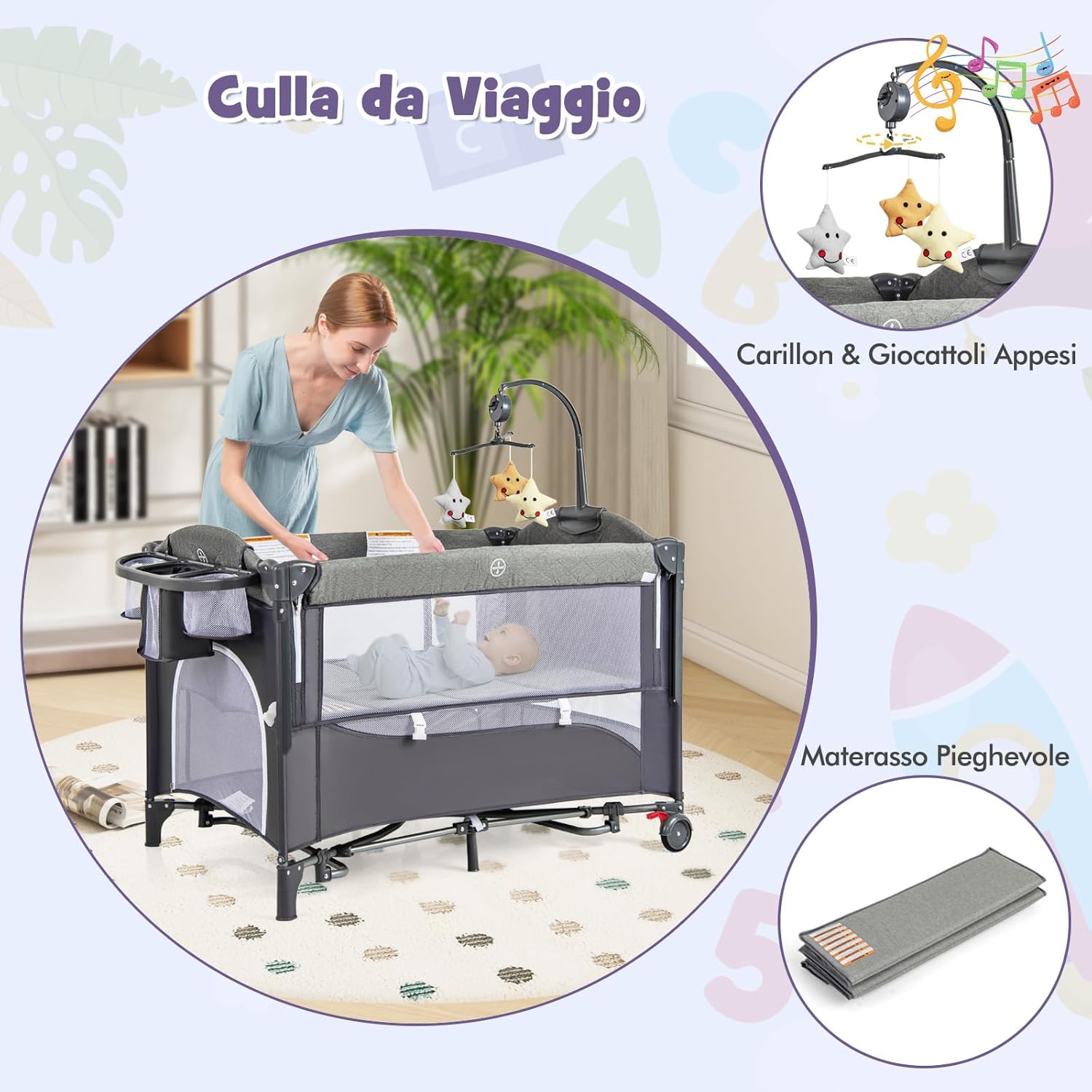 5-in-1 Lettino da Campeggio con Materasso, Lettino per Bambini con Fasciatoio, Lettino Pieghevole e Portabile, Altezza Regolabile in 5 Livelli, per Bambini 0-36 Mesi (Grigio+Grigio Scuro)