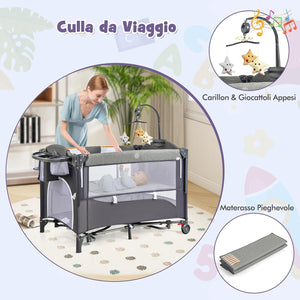 5-in-1 Lettino da Campeggio con Materasso, Lettino per Bambini con Fasciatoio, Lettino Pieghevole e Portabile, Altezza Regolabile in 5 Livelli, per Bambini 0-36 Mesi (Grigio+Grigio Scuro)